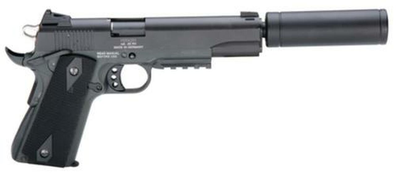 American Tactical, 1911, 22 LR, 5" Barrel, Blued, Polymer Grips, 10Rd, Threaded, Faux Suppressor ATI American Tactical Imports