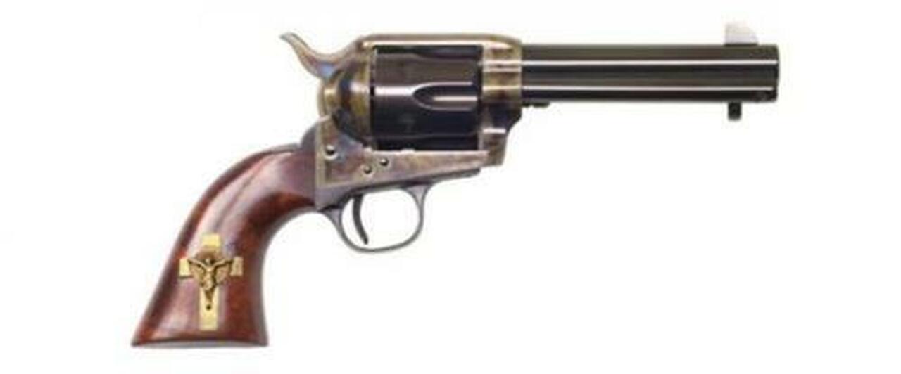 Cimarron Holy Smoker .45 Long Colt 4.75" Sterling Silver Gold Plated Cross Inlaid on Right Side of Grip Blue