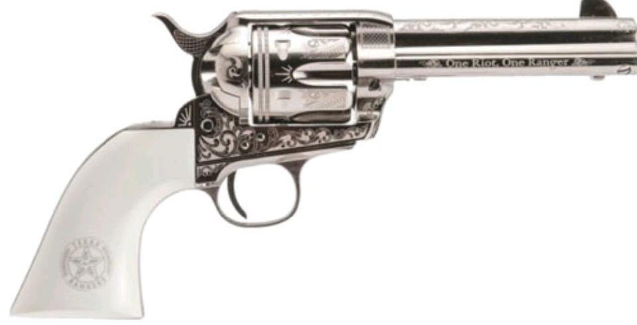 Cimarron Texas Rangers .45LC Pre-war Frame & Ejector, Engraved Nickel, Ranger Logo, 4.75" Barrel