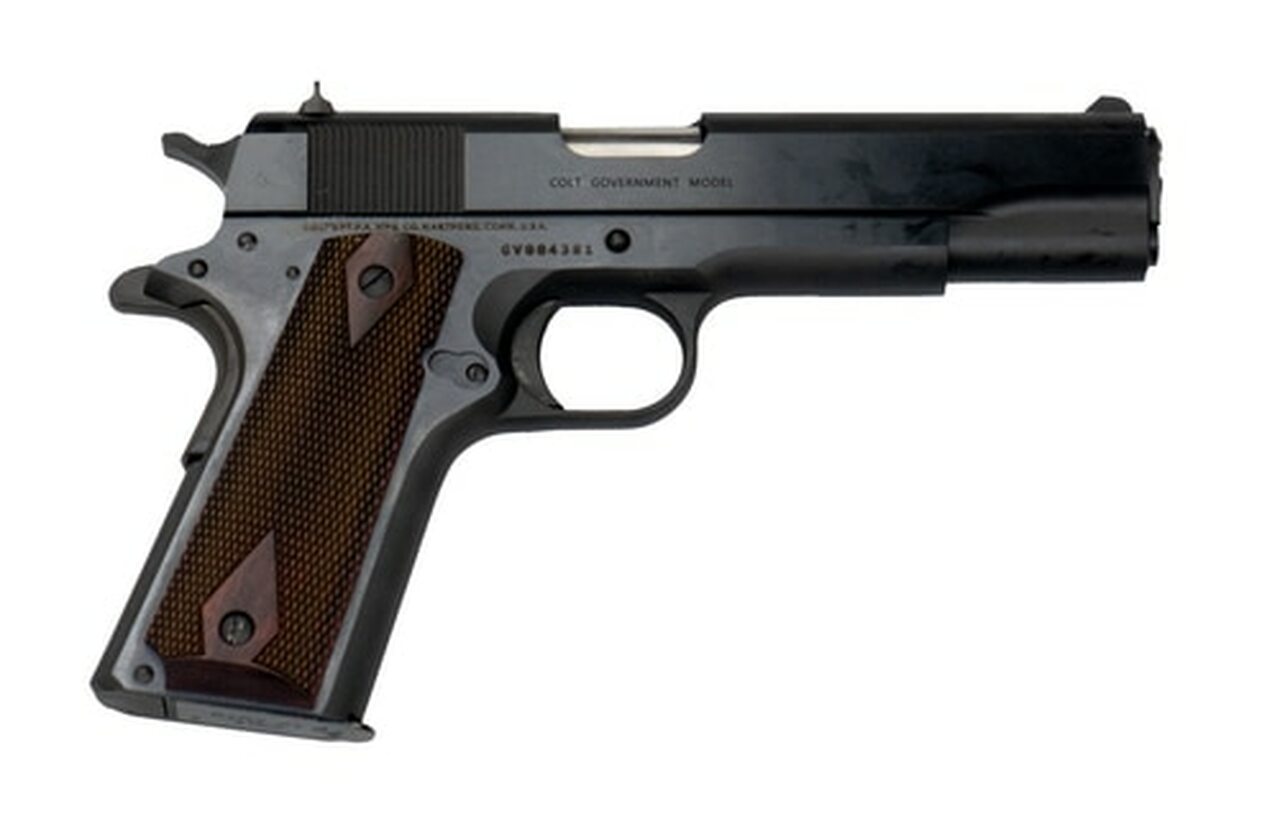 Colt 1911 Government 45 ACP, 5" Barrel, Black, Checkered Rosewood Grip, 7rd Colt