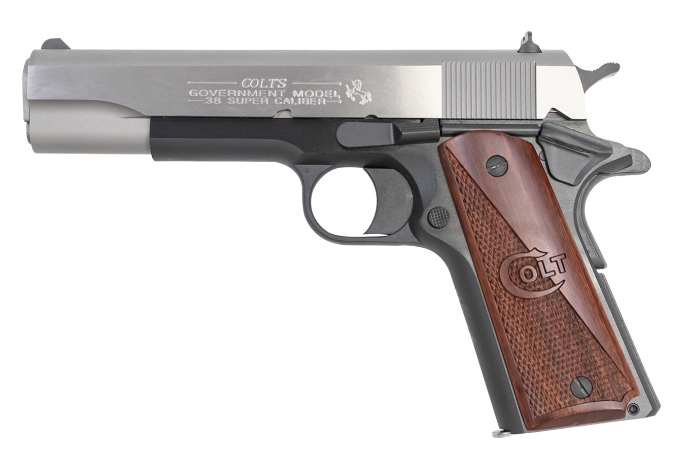 Colt M1911A1 38 Super Full Size Bi-Tone Pistol with Rosewood Grips