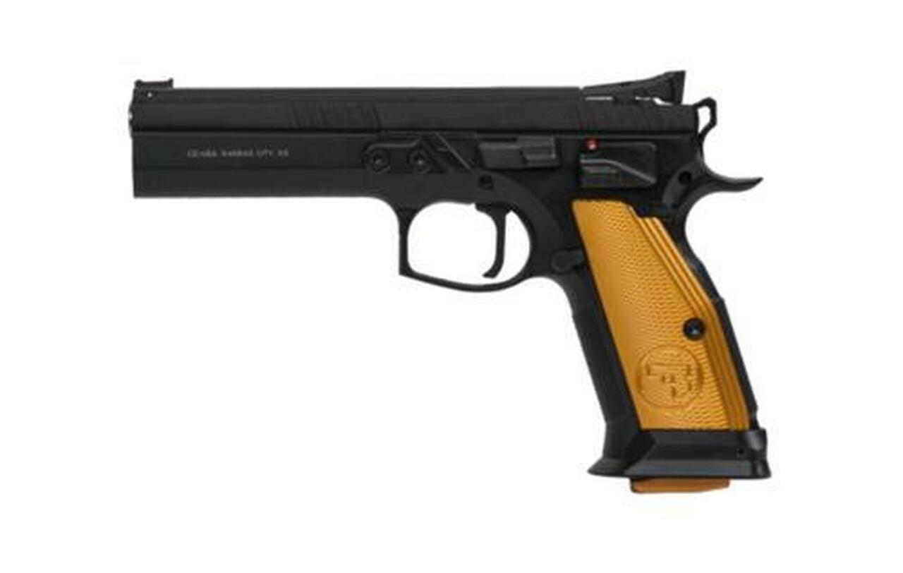 CZ 75 Tactical Sport Orange 9MM, 5.23" Barrel, Steel Frame, Black, Thin Aluminum Grips, Ambi Safety, Adjustable Target Sights, 2x 20 Rd Mags