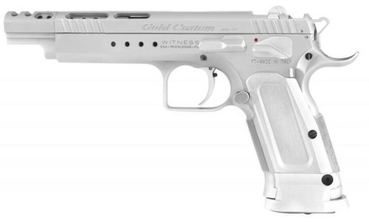 EAA Witness Gold, Tanfoglio, Full Size, 9MM, 5.25" Ported Barrel, Steel Frame, Chrome Finish, Aluminum Frame, Adj Sights, Ambi Safety, 18Rd Mag