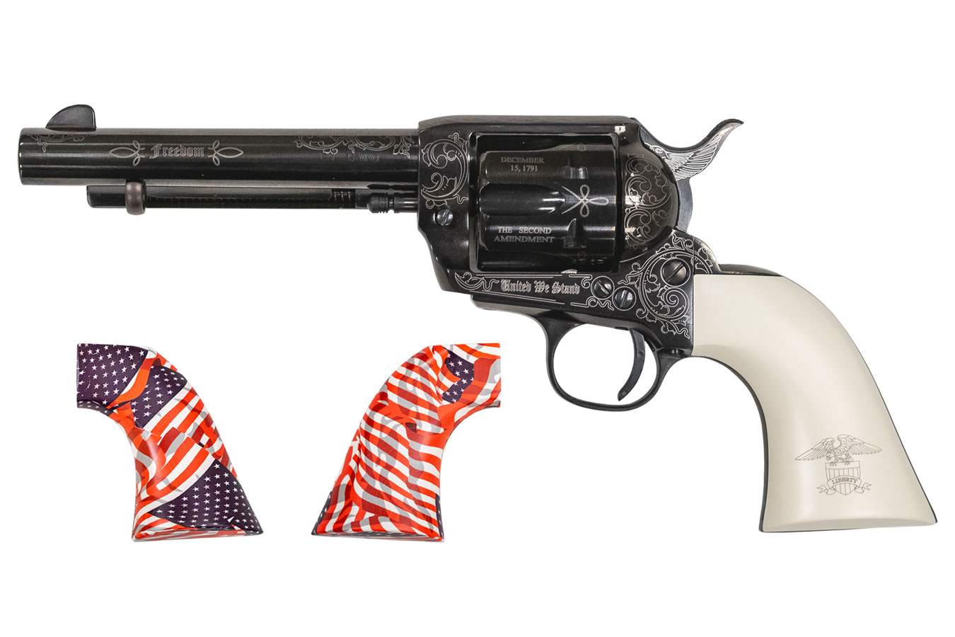 Emf Co GWII Freedom Revolver 45 Colt with 5.5 inch Barrel, Custom Engraving and USA Flag Grips