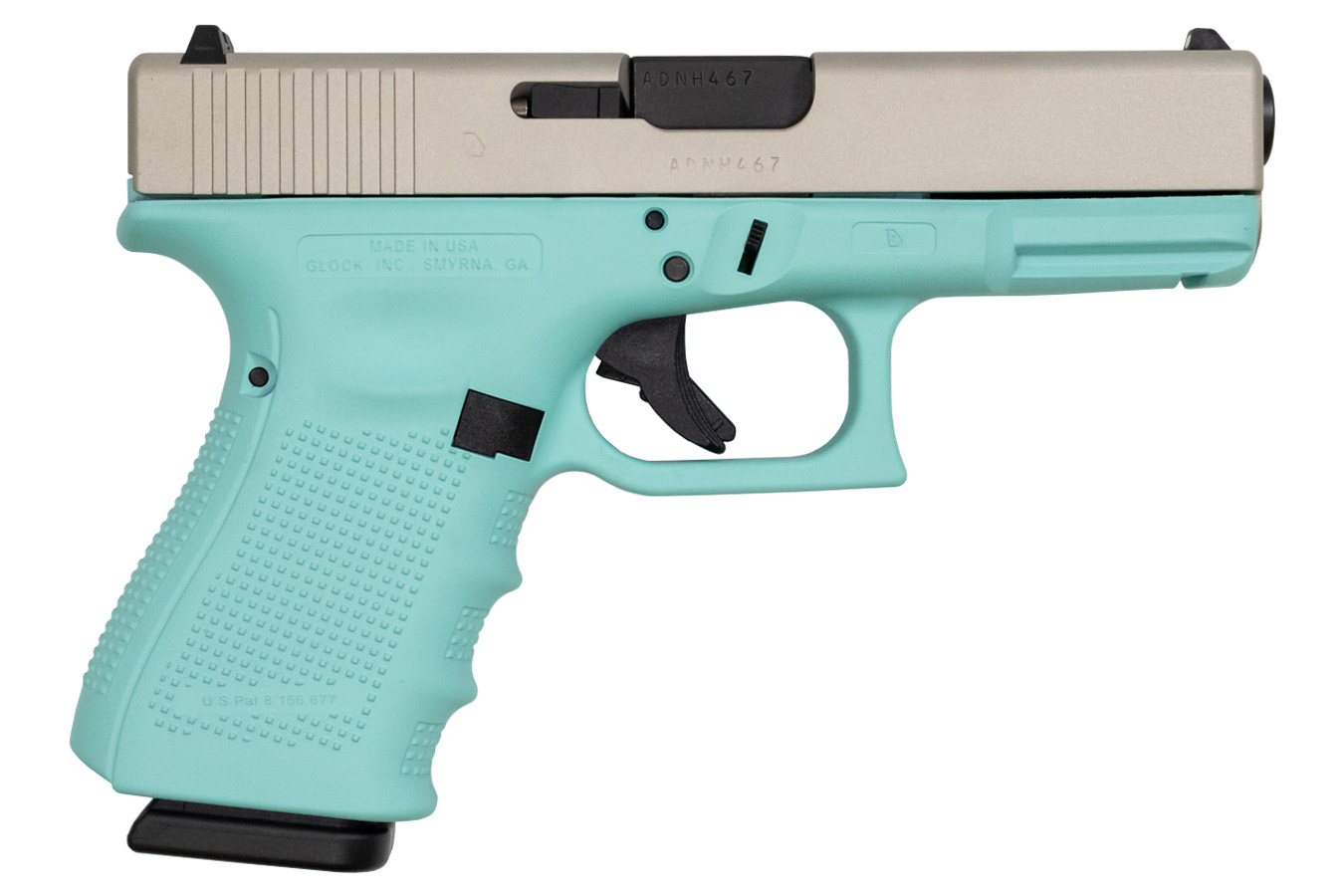 Glock 19 Gen4 9mm 15-Round Pistol with Robins Egg Blue Frame and Silver Slide Cerakote