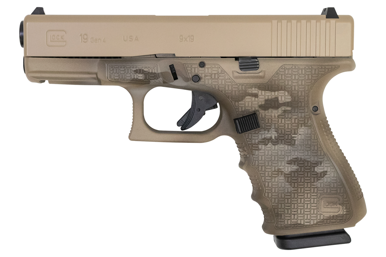 Glock 19 Gen4 9mm Apollo Custom Pistol with Desert Multi-Cam Cerakote and Stippled Frame