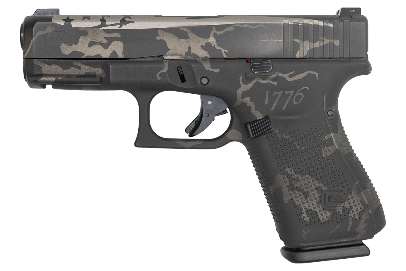 Glock 19 Gen5 9mm 15-Round Pistol with 1776 Black and Grey Camo Cerakote Finish and Night Sights