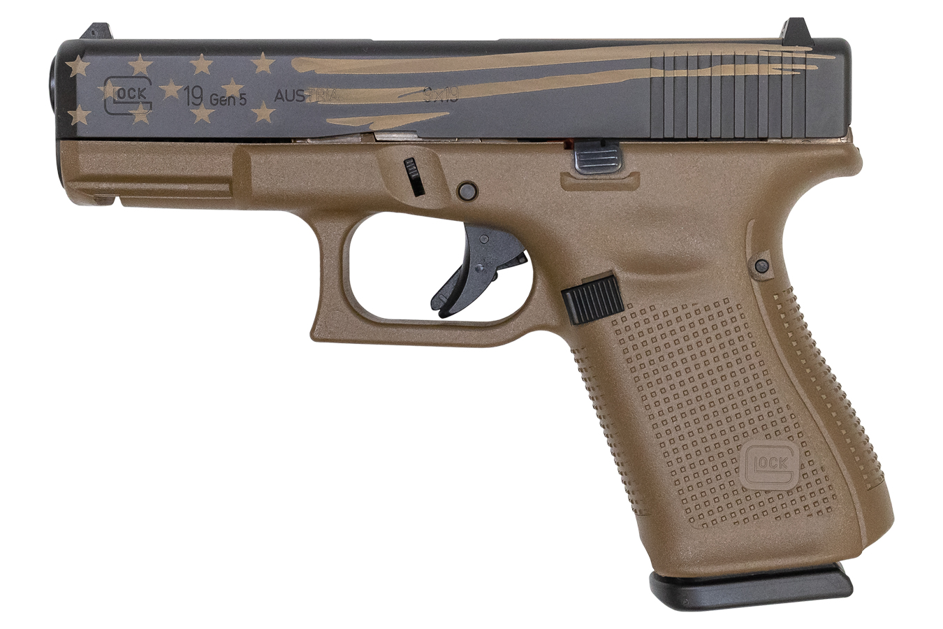 Glock 19 Gen5 9mm Pistol with FDE Frame and Distressed FDE Flag Cerakote Slide