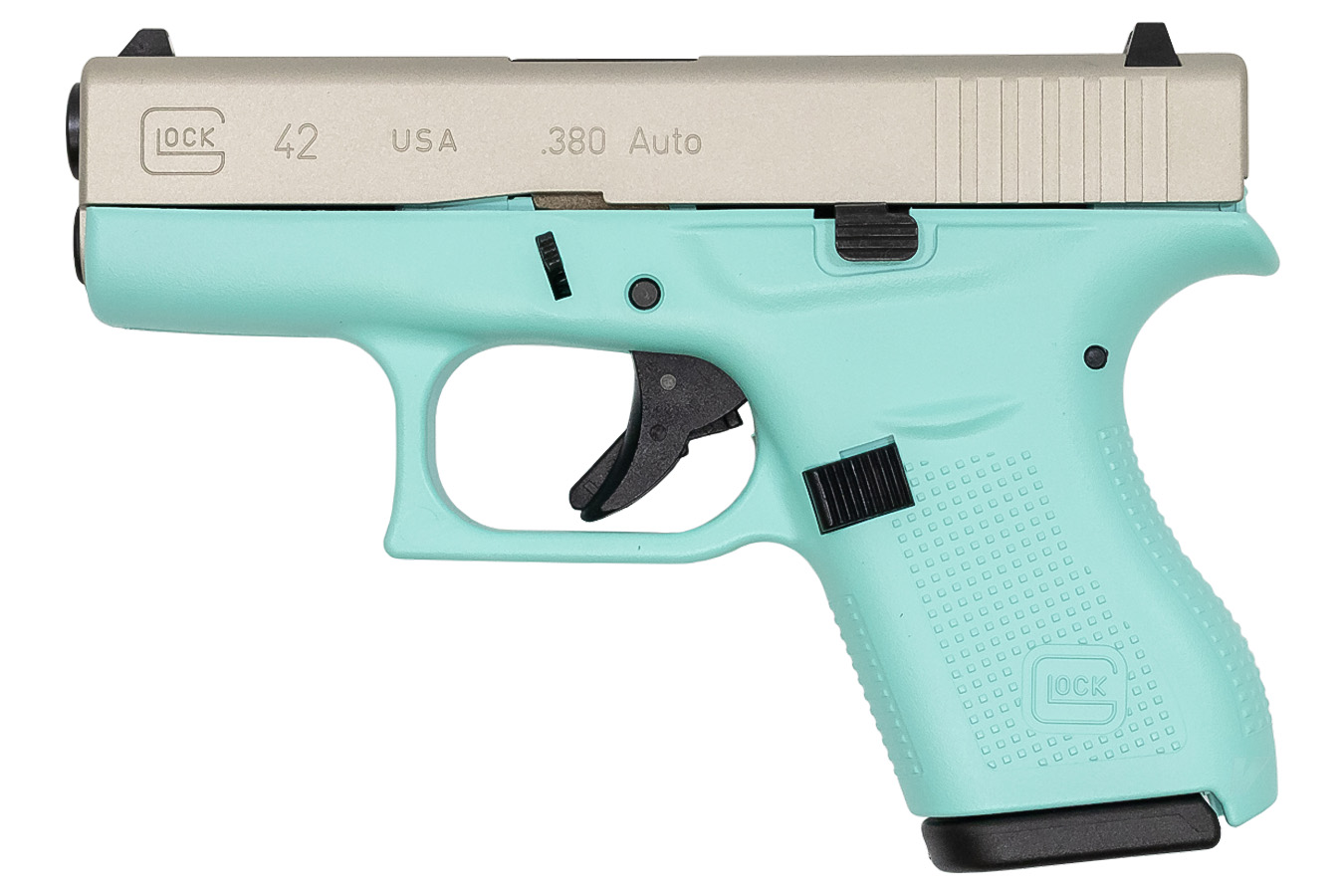 Glock 42 380 ACP Single Stack Pistol with Robbins Egg Blue Frame and Aluminum Cerakote Slide