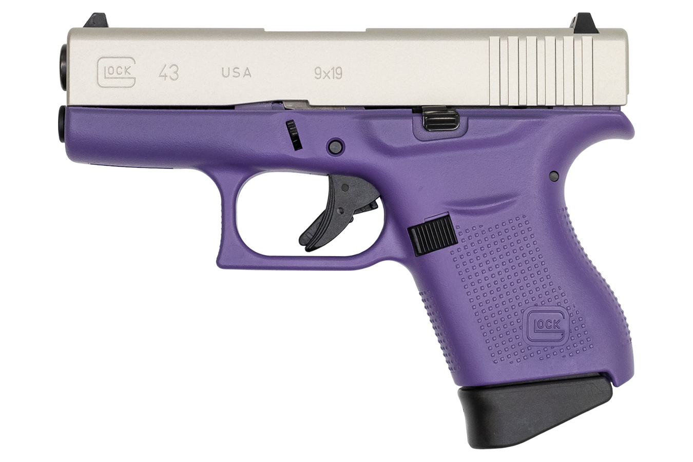 Glock 43 9mm Carry Conceal Pistol with Cerakote Purple Grip Frame and Shimmering Aluminum Slide