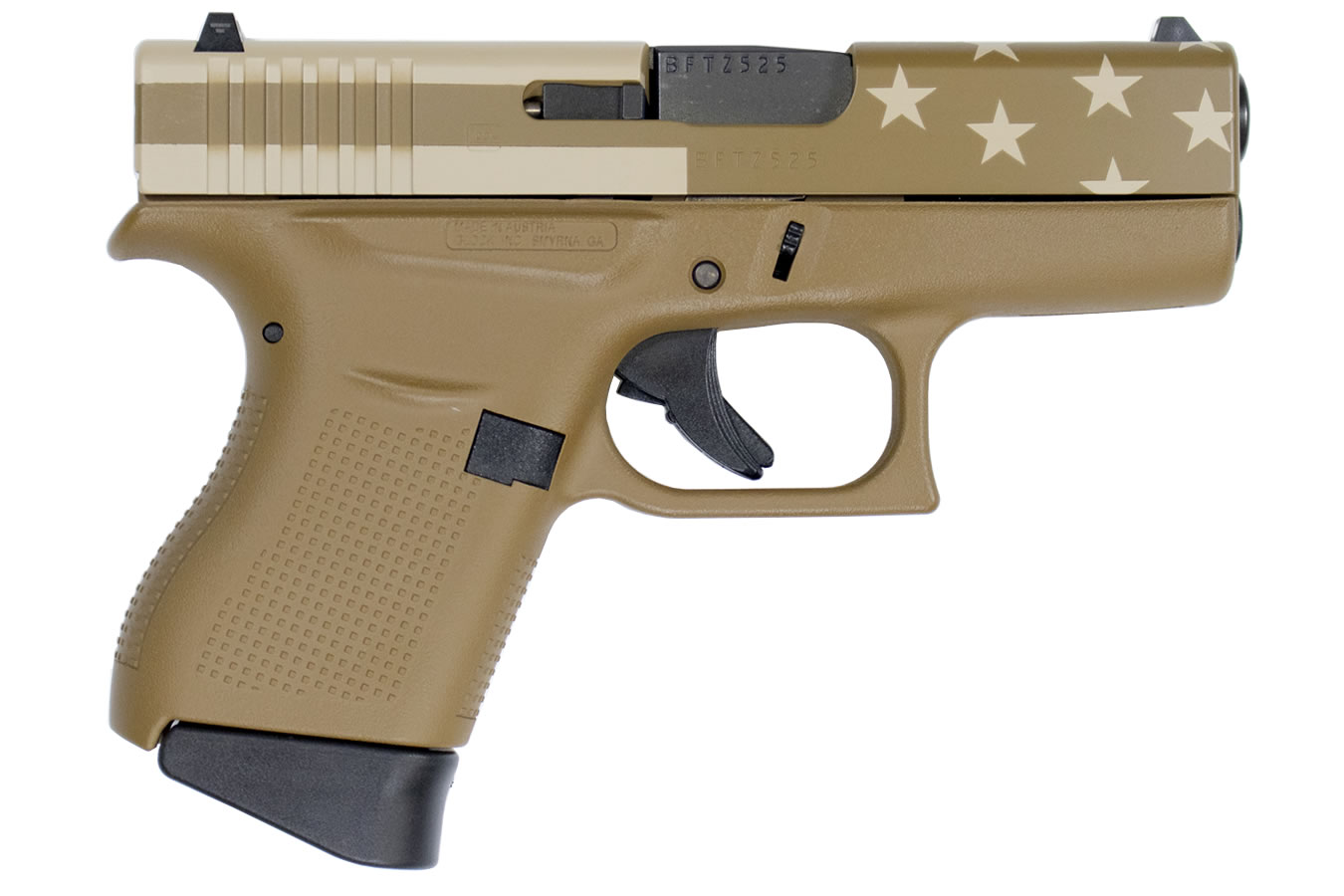 Glock 43 9mm Flat Dark Earth (FDE) Single Stack Pistol with American Flag Slide