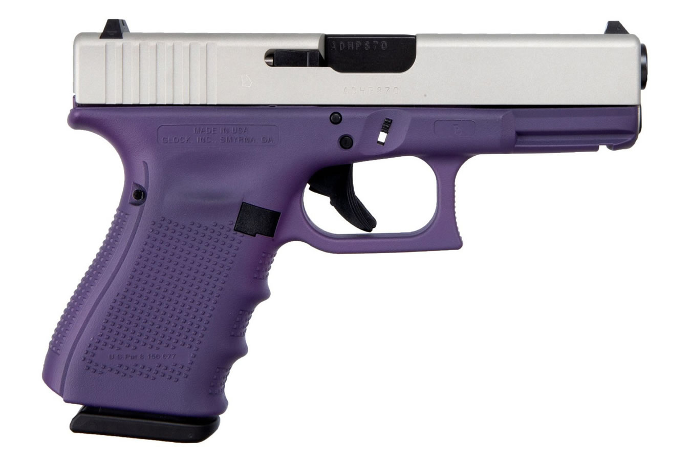 Glock G19 Gen4 9mm Pistol with Cerakote Purple Frame and Shimmering Aluminum Slide