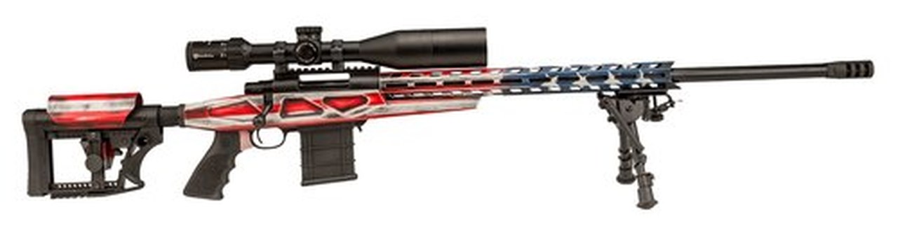 Howa 1500, Bolt Action Rifle, 308 Winchester, 24" Heavy Threaded Barrel, Black, Gray & White American Flag Finish, Polymer Stock, Right Hand, Bipod, 10rd Mag, 4-16x50 Scope Included Legacy Intl Sports