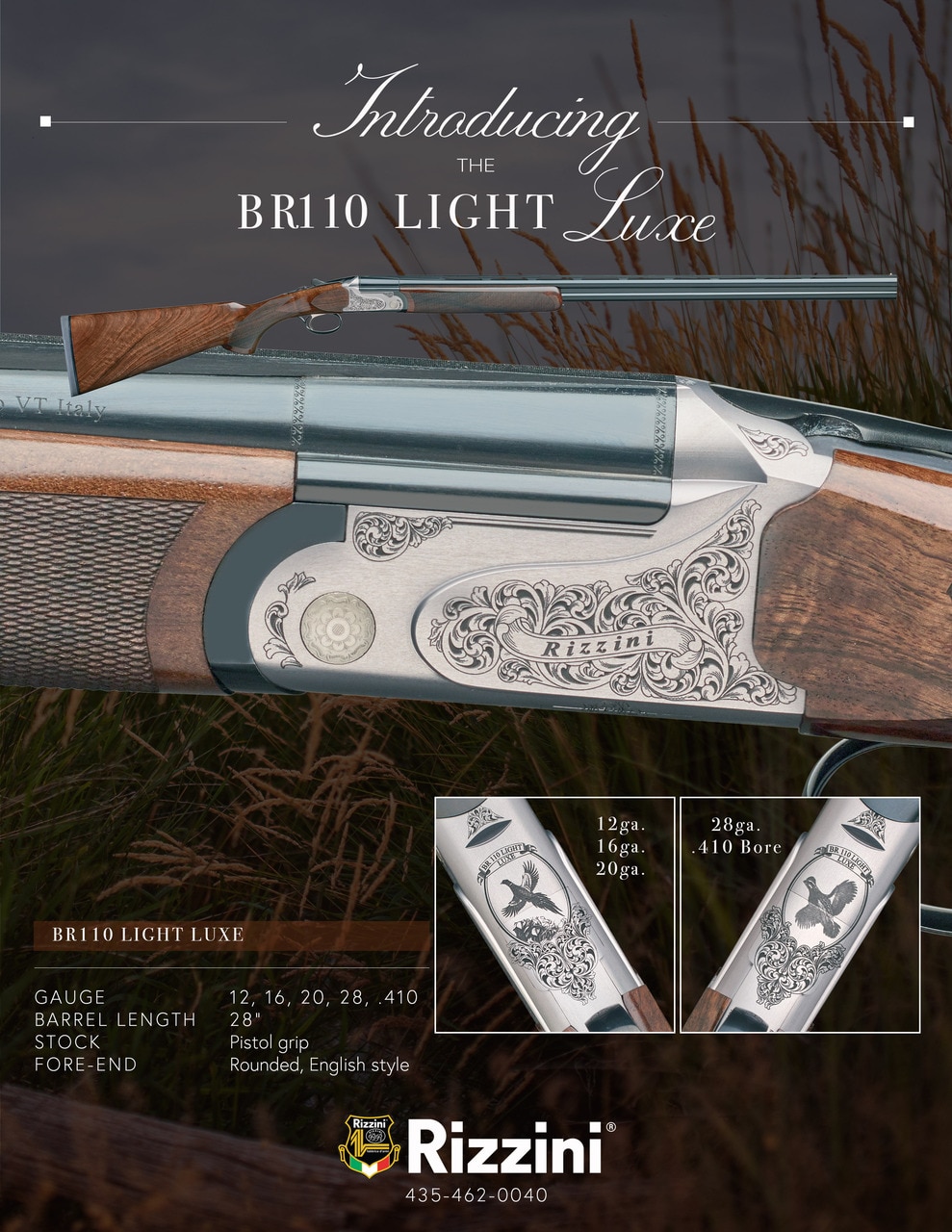 Rizzini BR110 Light Luxe 20g O/U, 28" Barrel, Pistol Grip Stock, Rounded English Style Fore-end