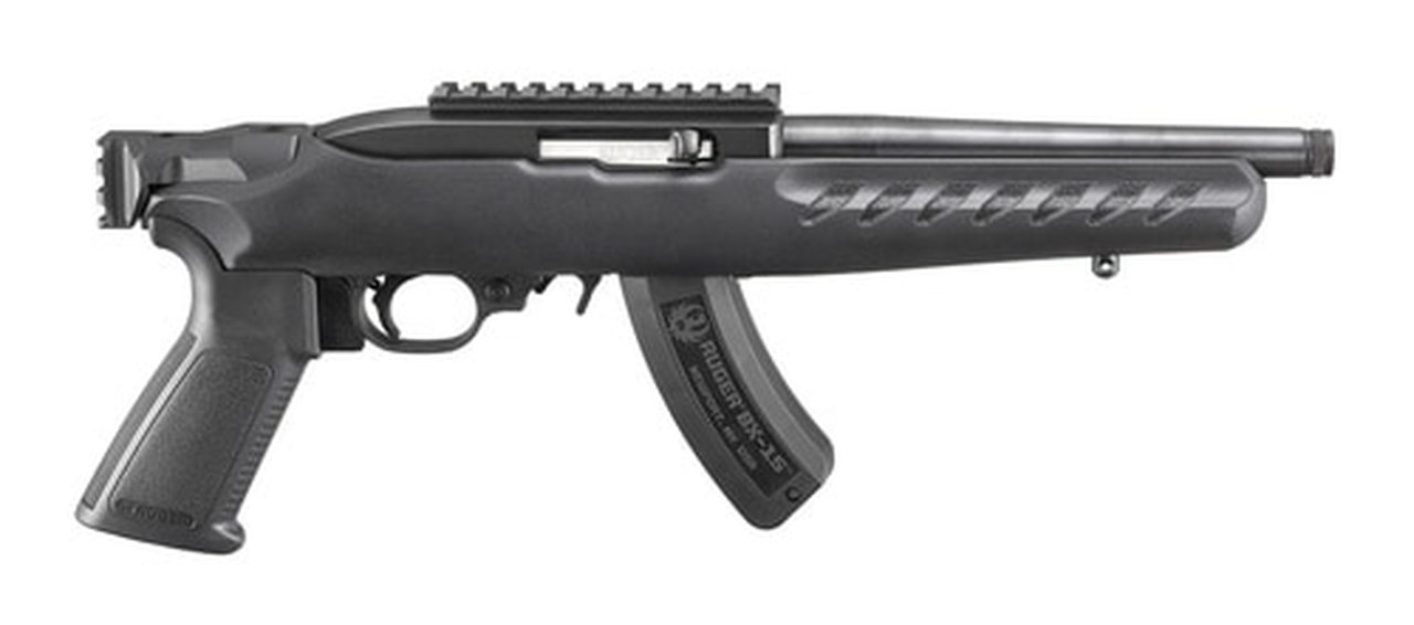 Ruger 22 Charger Railed Brace Mount, Rimfire Pistol, 22 LR, 8" 1/2-28 Threaded Barrel, Matte Black, A2-Style Grip, Black Polymer Stock, Picatinny Top Rail Installed, 15Rd, Includes Adjustable Bipod