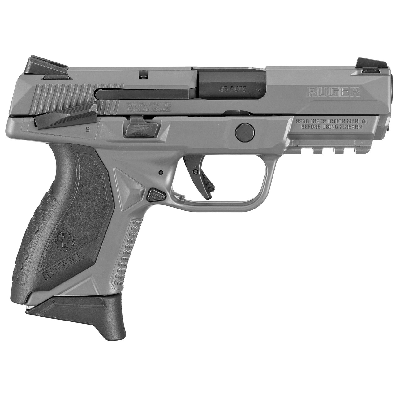 Ruger American Pistol Striker Fired, 45 ACP, 3.75" Barrel, Manual Safety, Polymer Frame, Gray Finish, (3) 7rd Mags, 3 Dot Sights Ruger