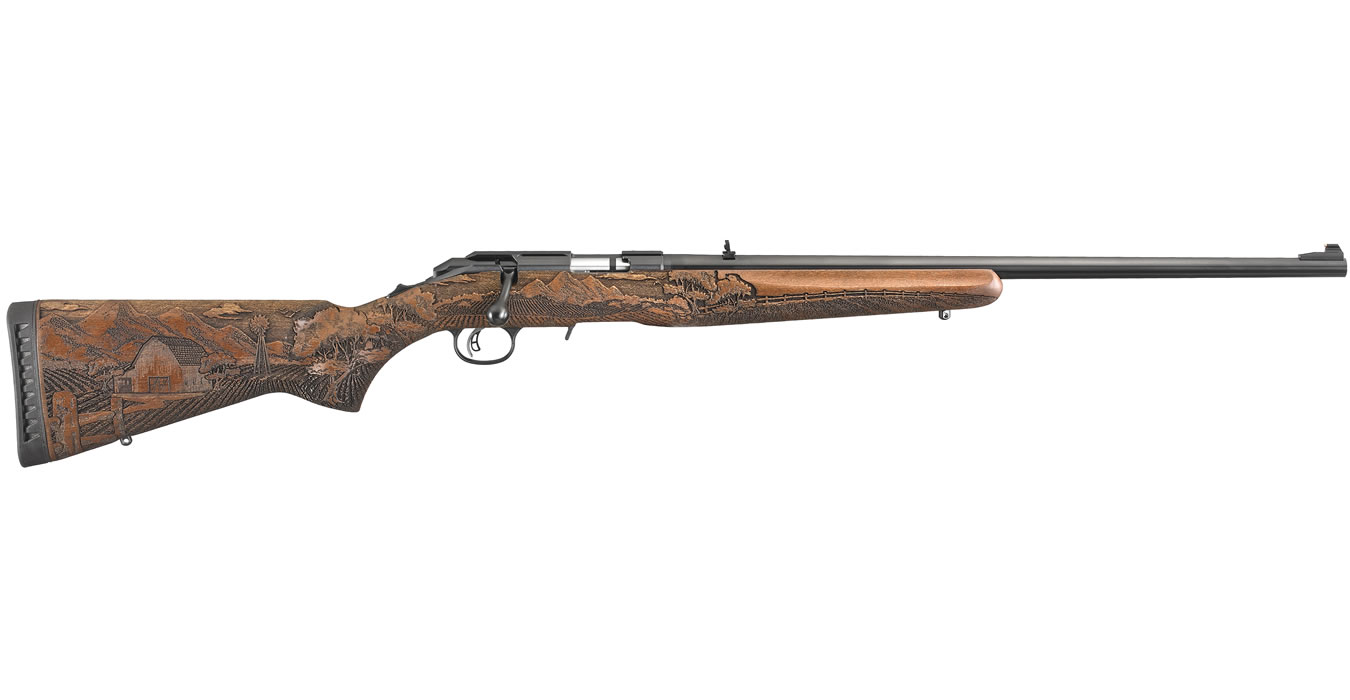 Ruger American Rimfire 22WMR Bolt-Action Rifle with Carved American Farmer Stock