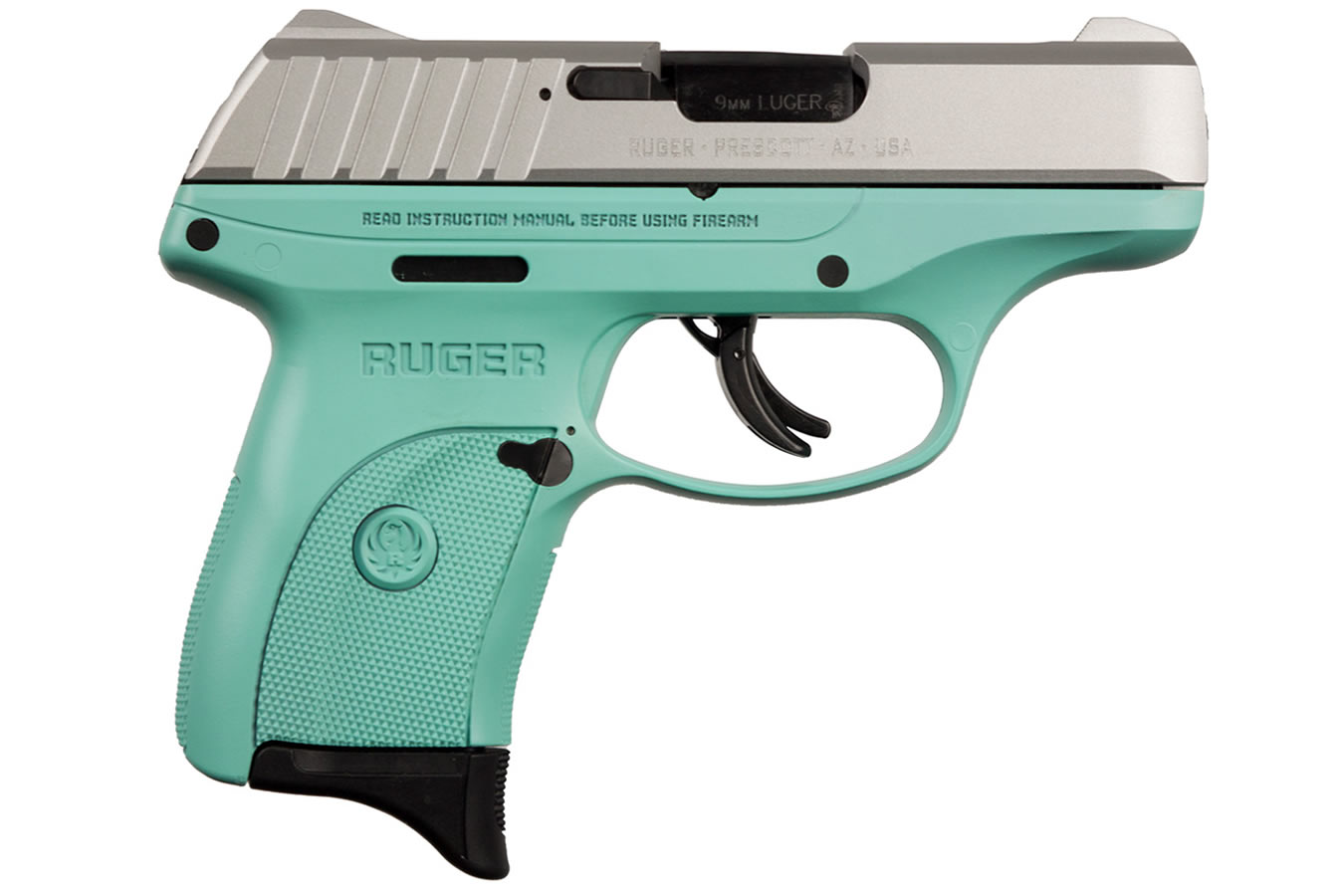 Ruger EC9s 9mm Striker-Fired Pistol with Turquoise Grip Frame and Satin Aluminum Cerak