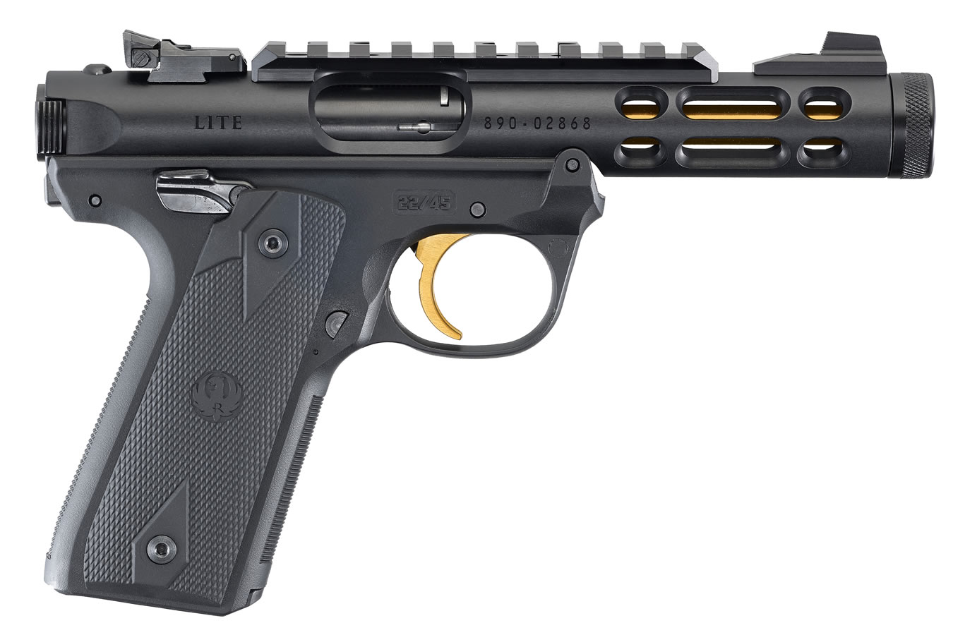 Ruger Mark IV Lite 22/45 22LR, 4.4" Gold Finished Threaded Barrel, Polymer Frame, Black, Checkered Grips, 10Rd Mag Ruger
