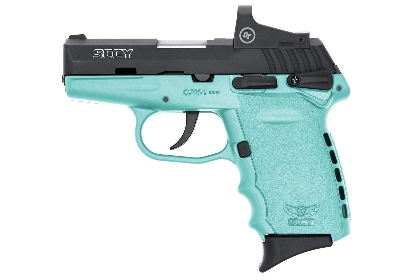 SCCY CPX-1 9mm Pistol with Blue Frame and Crimson Trace Red Dot
