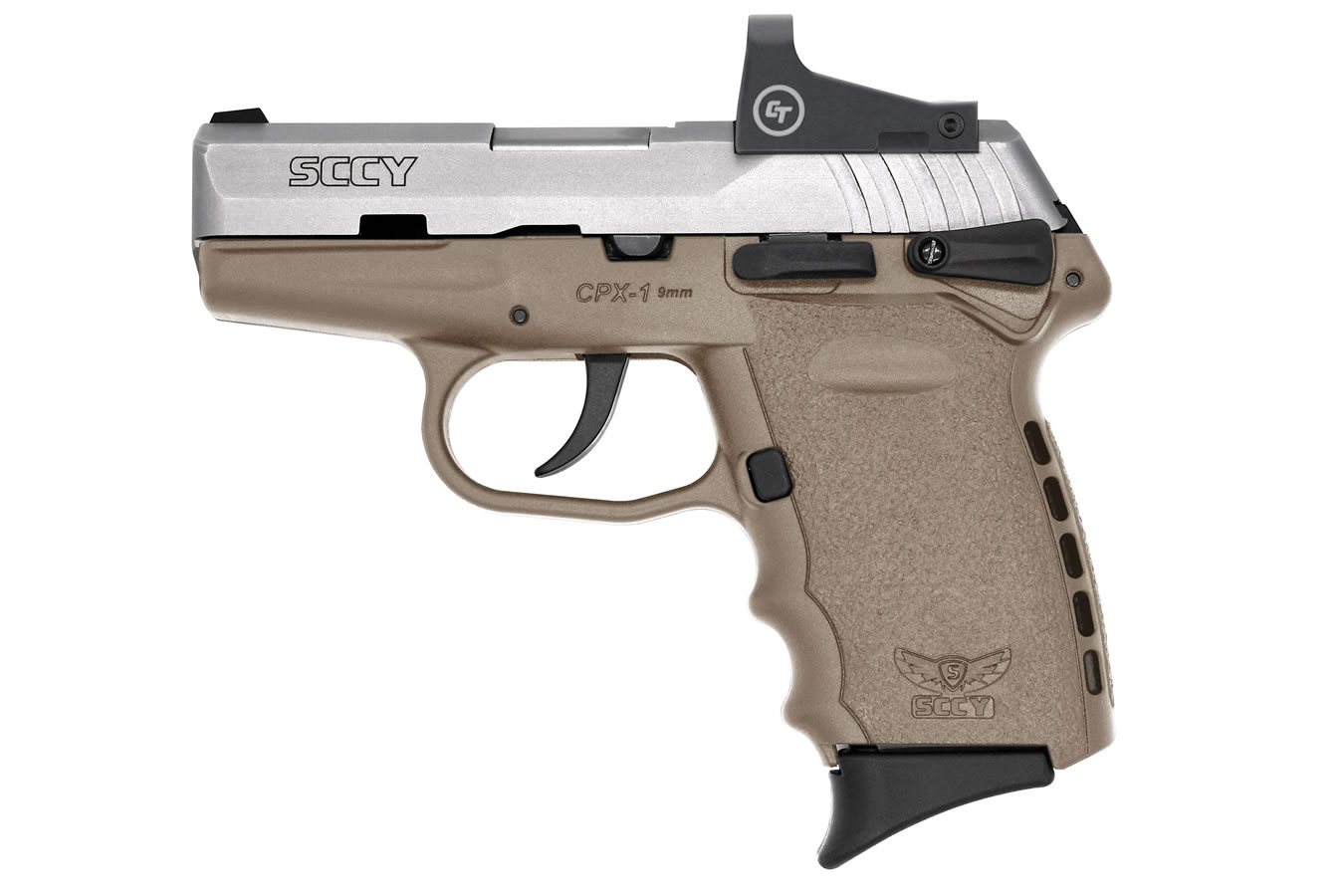 SCCY CPX-1 9mm Pistol with Dark Earth Frame/Stainless Slide and Crimson Trace Red Dot