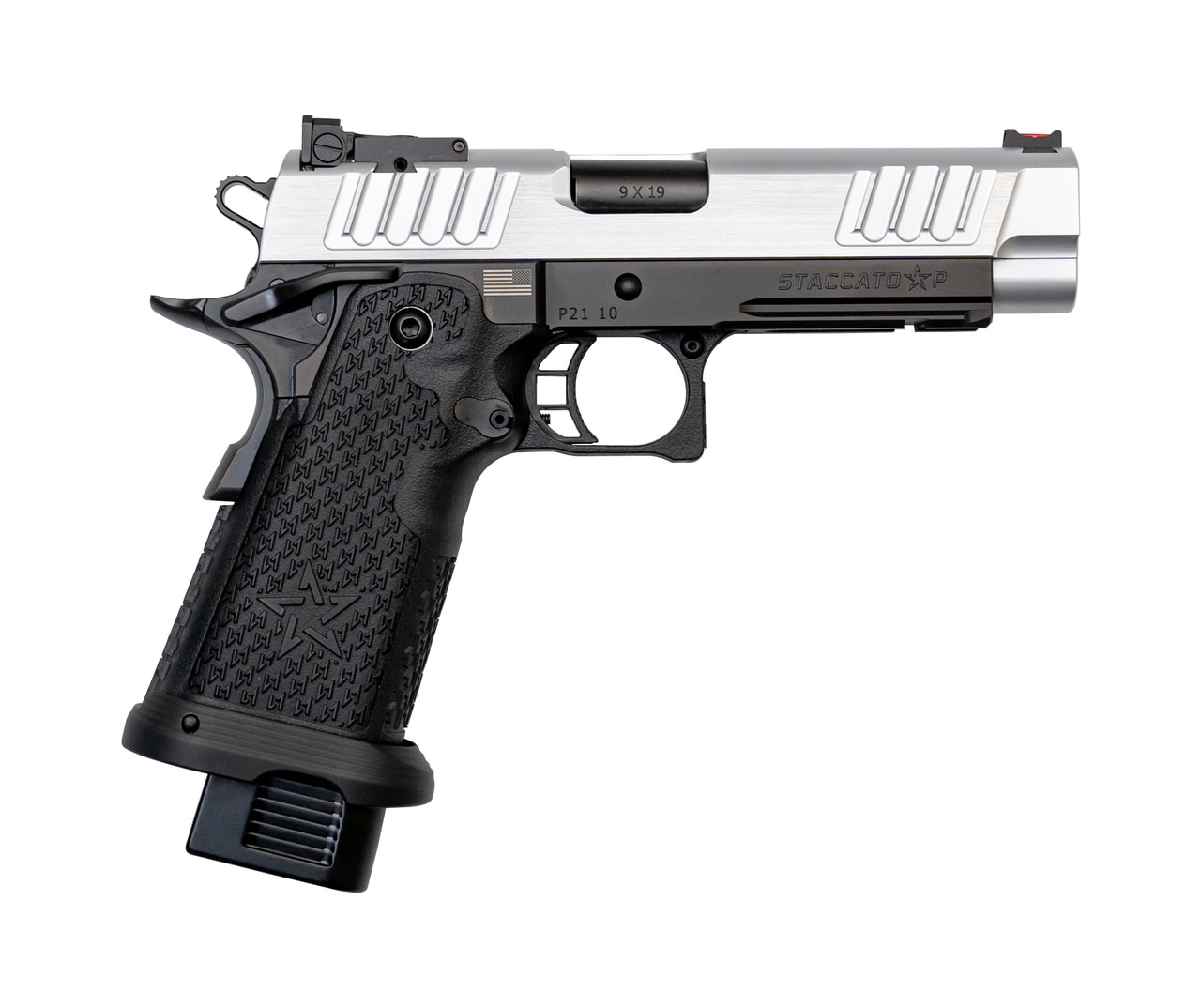 Staccato P 9mm, 4.4" Bull Barrel, G2, Dawson Fiber Optic, SS Slide, DLC Barrel, Black, 17rd/20rd