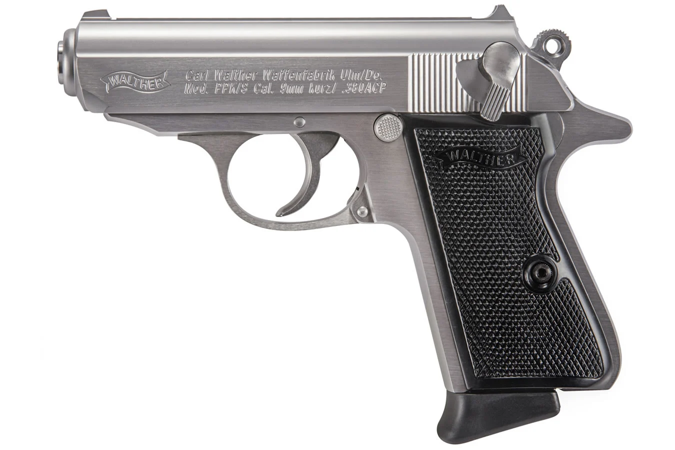 Walther PPK/S 380 ACP, 3.3" Barrel, Stainless Steel, Black Grip, 7rd Walther